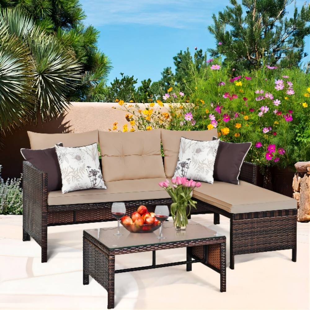 3-Piece Wicker Outdoor Corner Sectional Sofa Set with Beige Cushions and Coffee Table