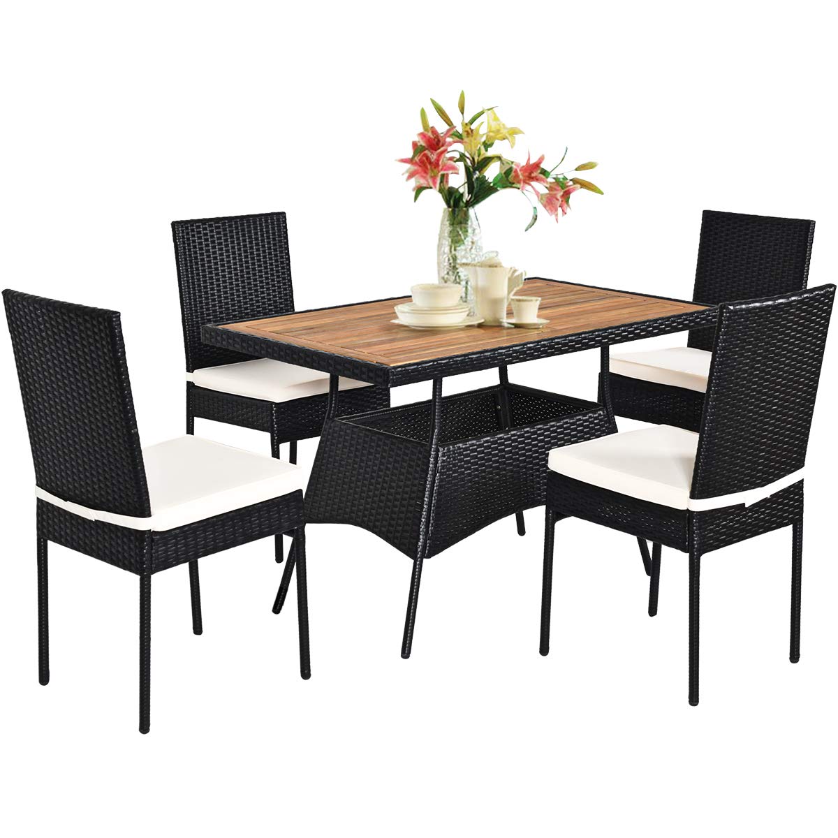 Black 5-Piece Wicker Rectangle Outdoor Dining Set with White Cushion and Arm Chair