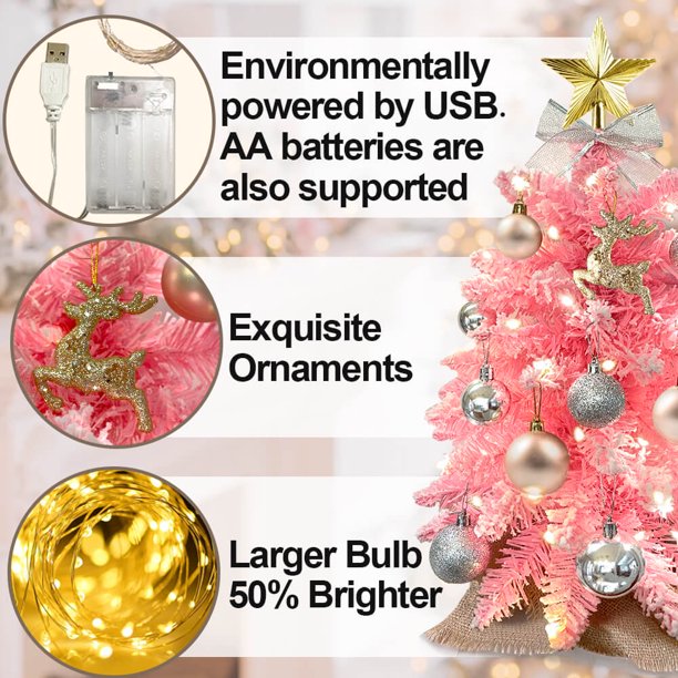 SUGIFT Exquisite Christmas Tree with Lights, 2ft Small Tabletop Mini Pink Artificial Xmas Tree with Christmas Ornaments