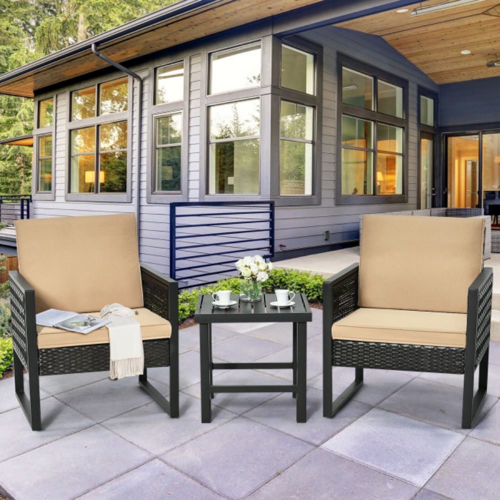 3-Pieces Outdoor Rattan steel Frame Patio Conversation Furniture Set with Brown Cushion