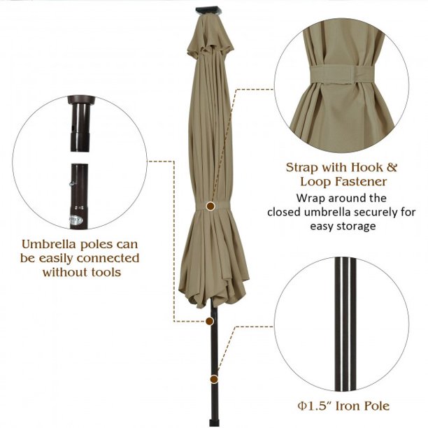10 Feet Outdoor Umbrella Solar LED Lighted Patio Market Umbrella Shade Tilt Adjustment Crank