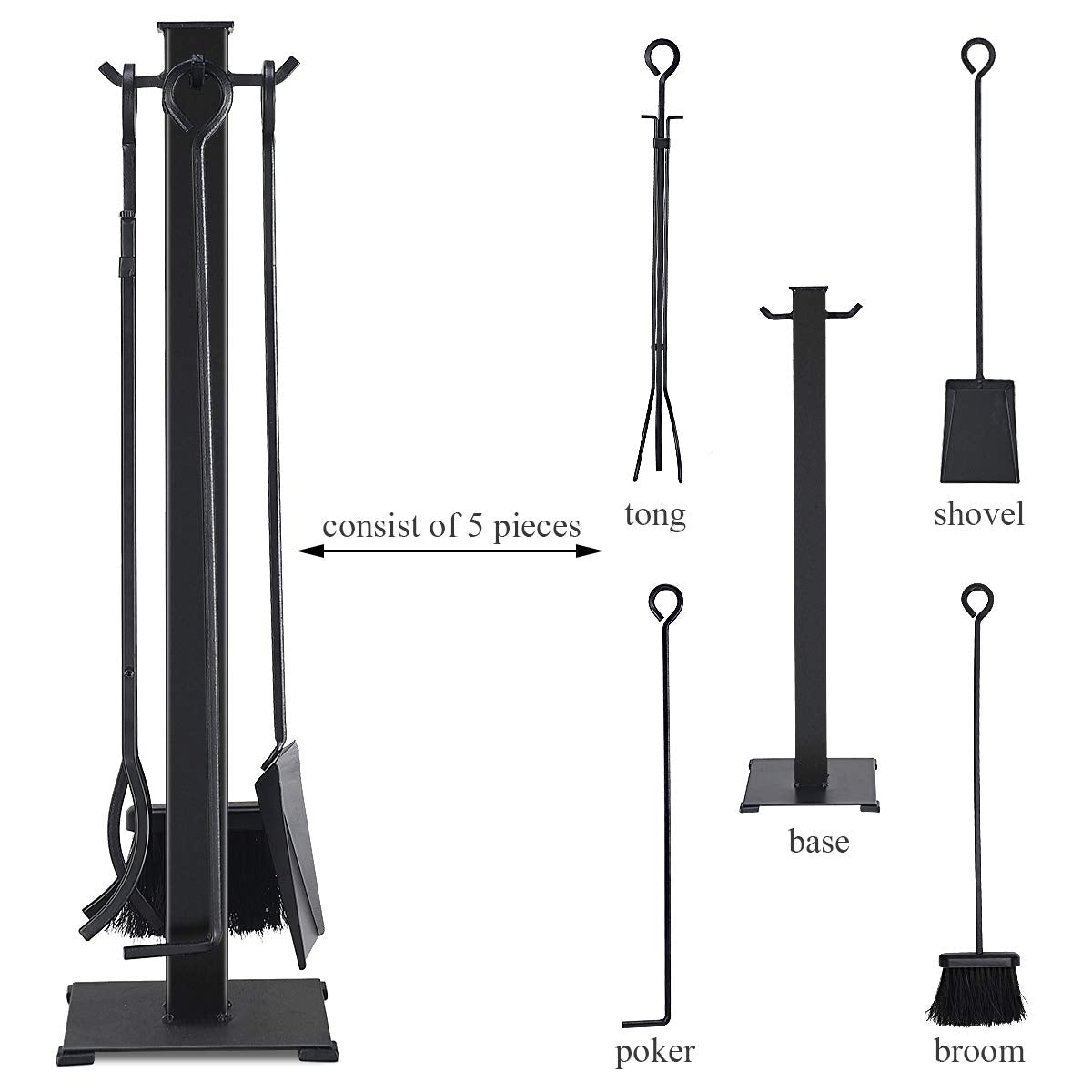 Black 5-Piece Fireplace Tool Set with Classic Annulus Handles