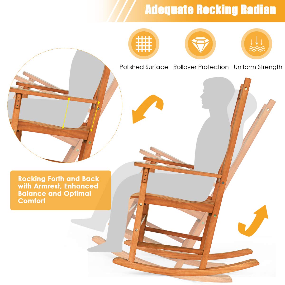 Natural 3-Pieces Wooden Patio Outdoor Rocking Chair Set