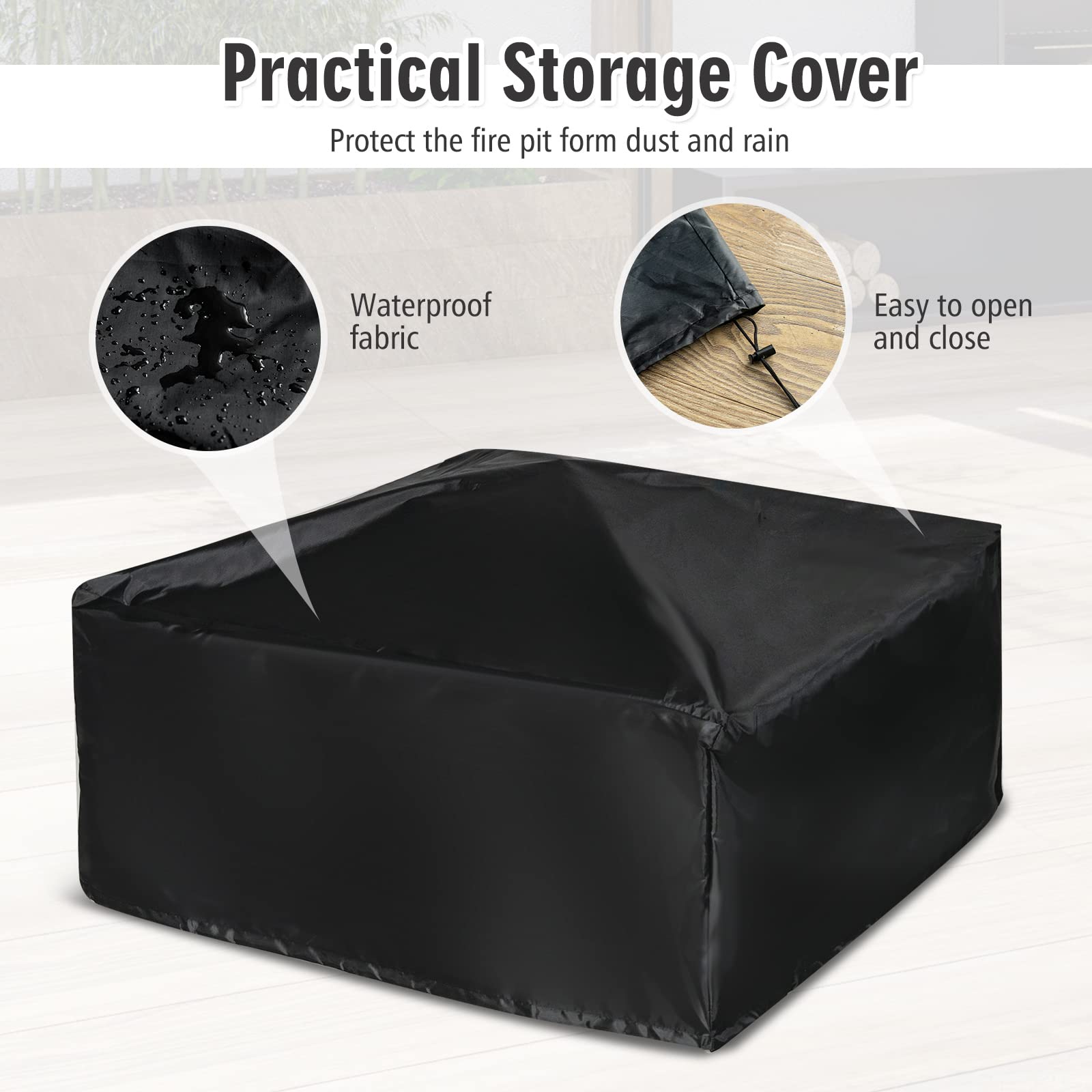 32 in. W x 19.5 in. H Square Metal Outdoor Patio Wood Burning Fire Pit in Black with Poker and Water Resistant Cover