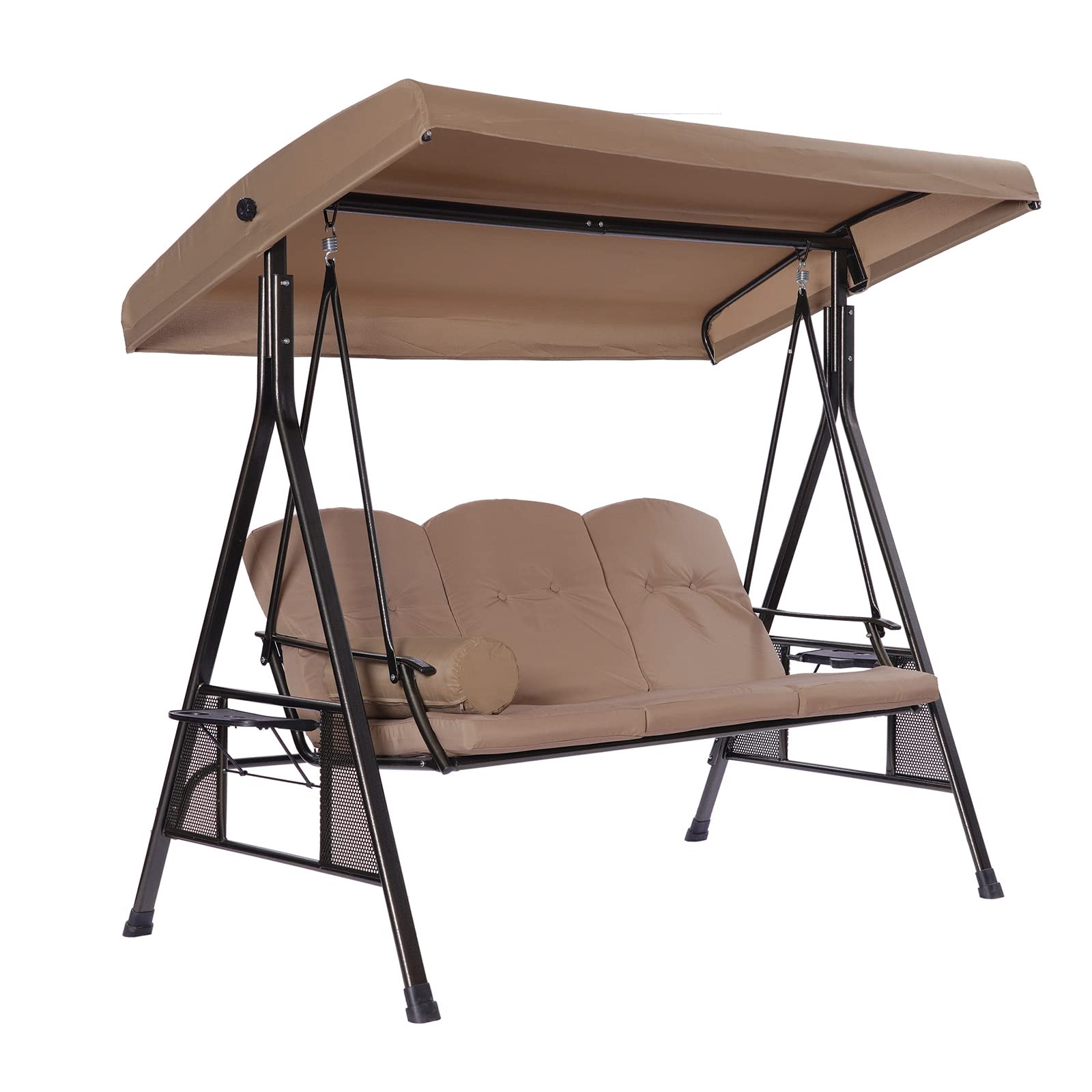 SUGIFT 3-Person Luxury Outdoor Porch Swing Chair with Cup Holders, Cushions, Pillows and Adjustable Canopy in Brown