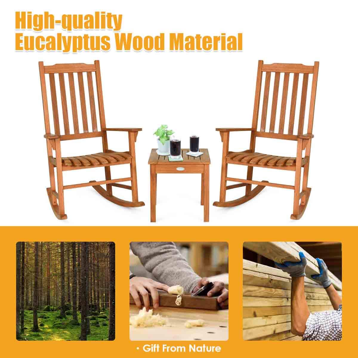 Natural 3-Pieces Wooden Patio Outdoor Rocking Chair Set