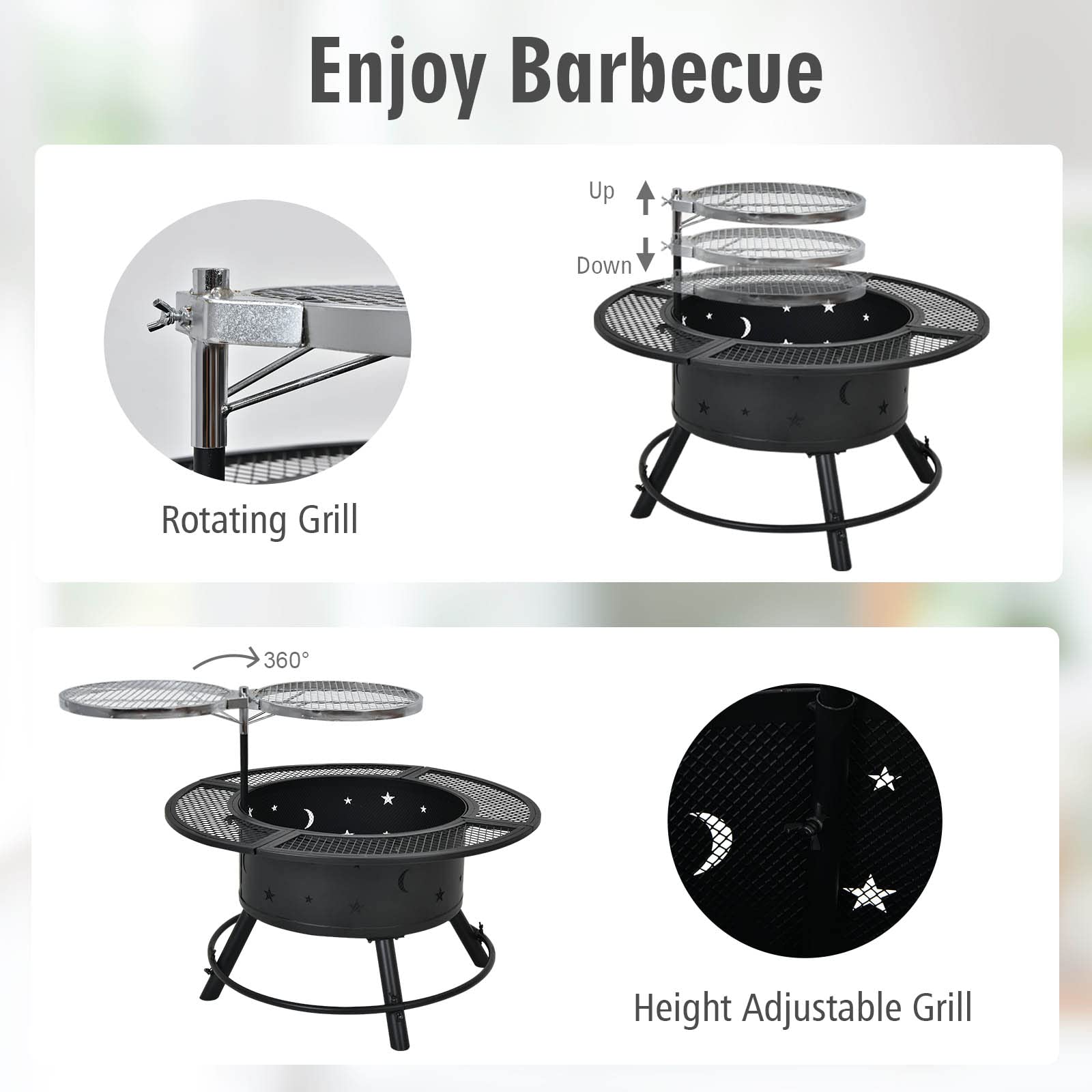 32 in. Metal Outdoor Wood Burning Fire Pit in Black with 360-Degree Swivel BBQ Grate and Poker