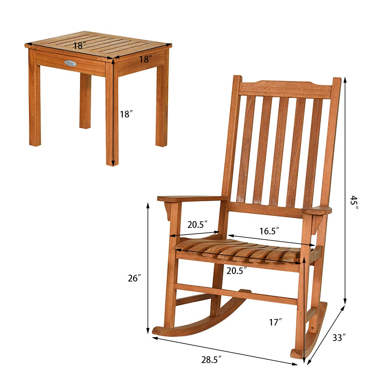 Natural 3-Pieces Wooden Patio Outdoor Rocking Chair Set