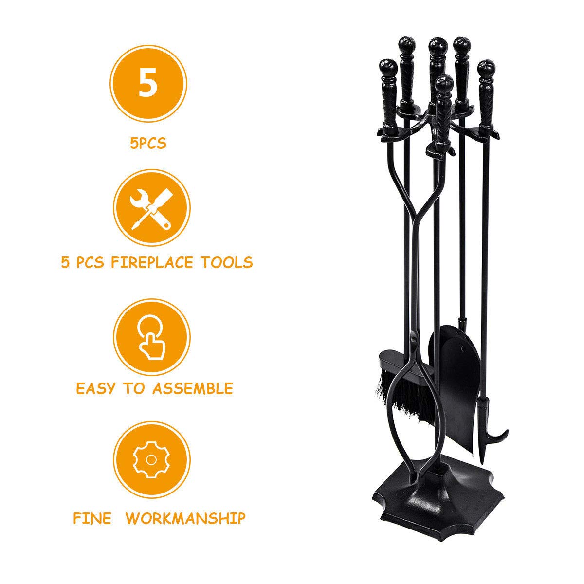 Black Metal 5-Piece Fireplace Tool Set