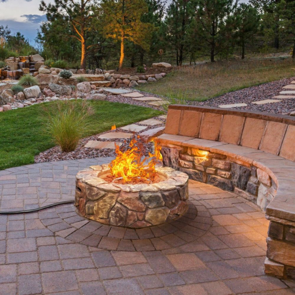 28 in. W X 9.5 in. H Outdoor Round Stone Gas Fire Stove Pit in Brown