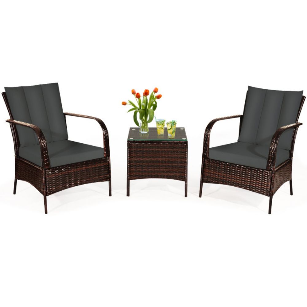 3-Pieces Outdoor Wicker Patio Conversation Furniture Set with Gray Cushion
