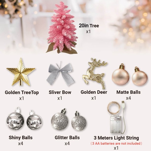SUGIFT Exquisite Christmas Tree with Lights, 2ft Small Tabletop Mini Pink Artificial Xmas Tree with Christmas Ornaments