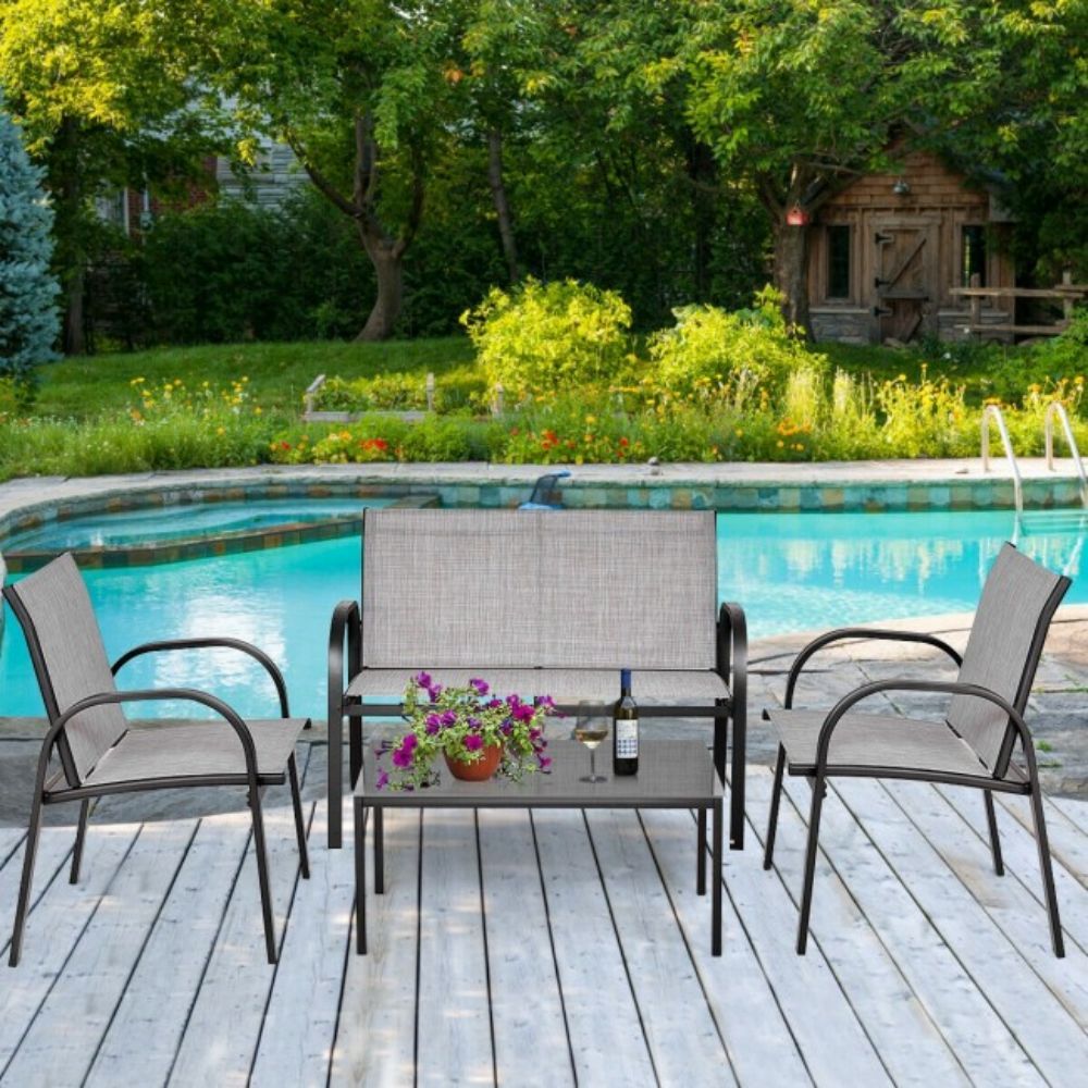 Gray 4-Piece Metal Furniture Patio Conversation Set with Glass Top Coffee Table
