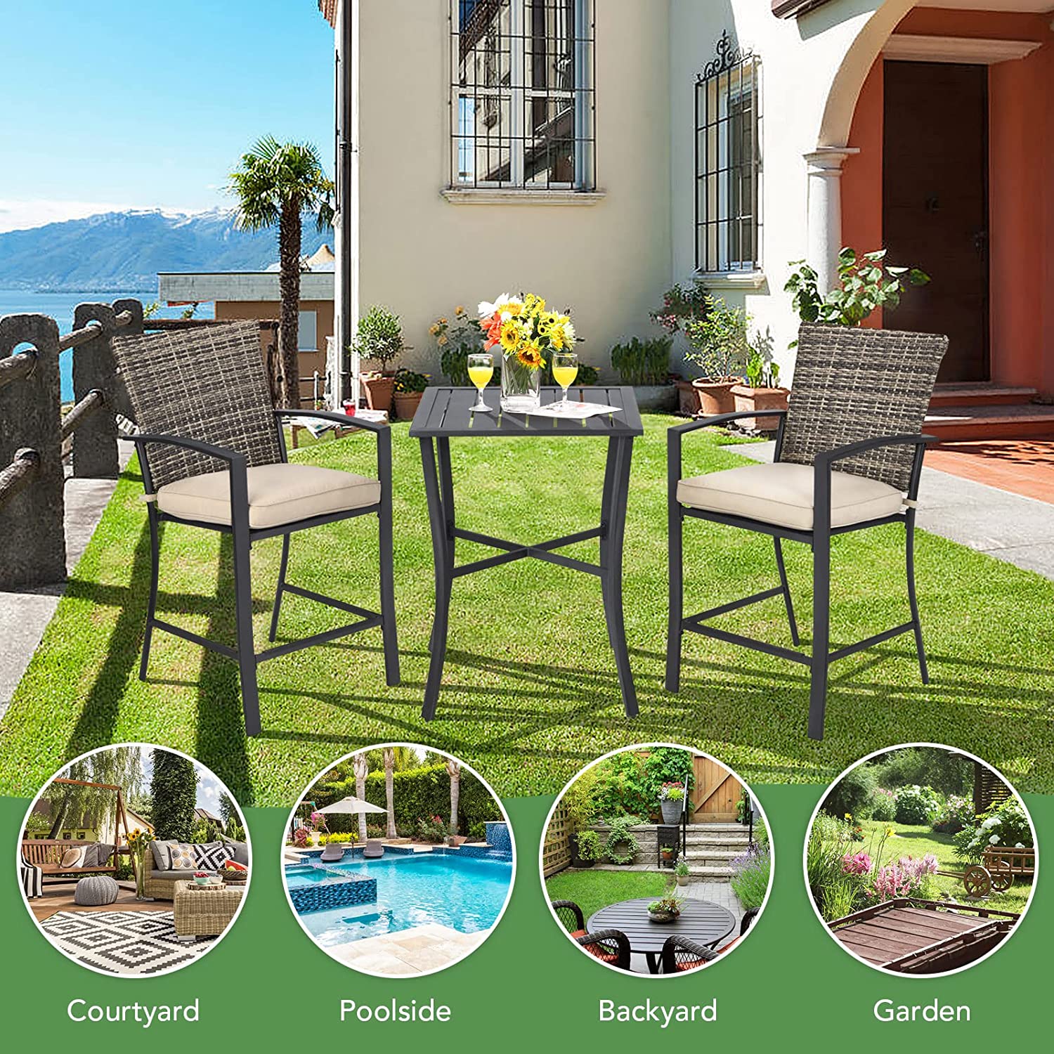 3-Pieces Rattan Patio Outdoor Conversation Furniture Set with Slat Table and Beige Cushions