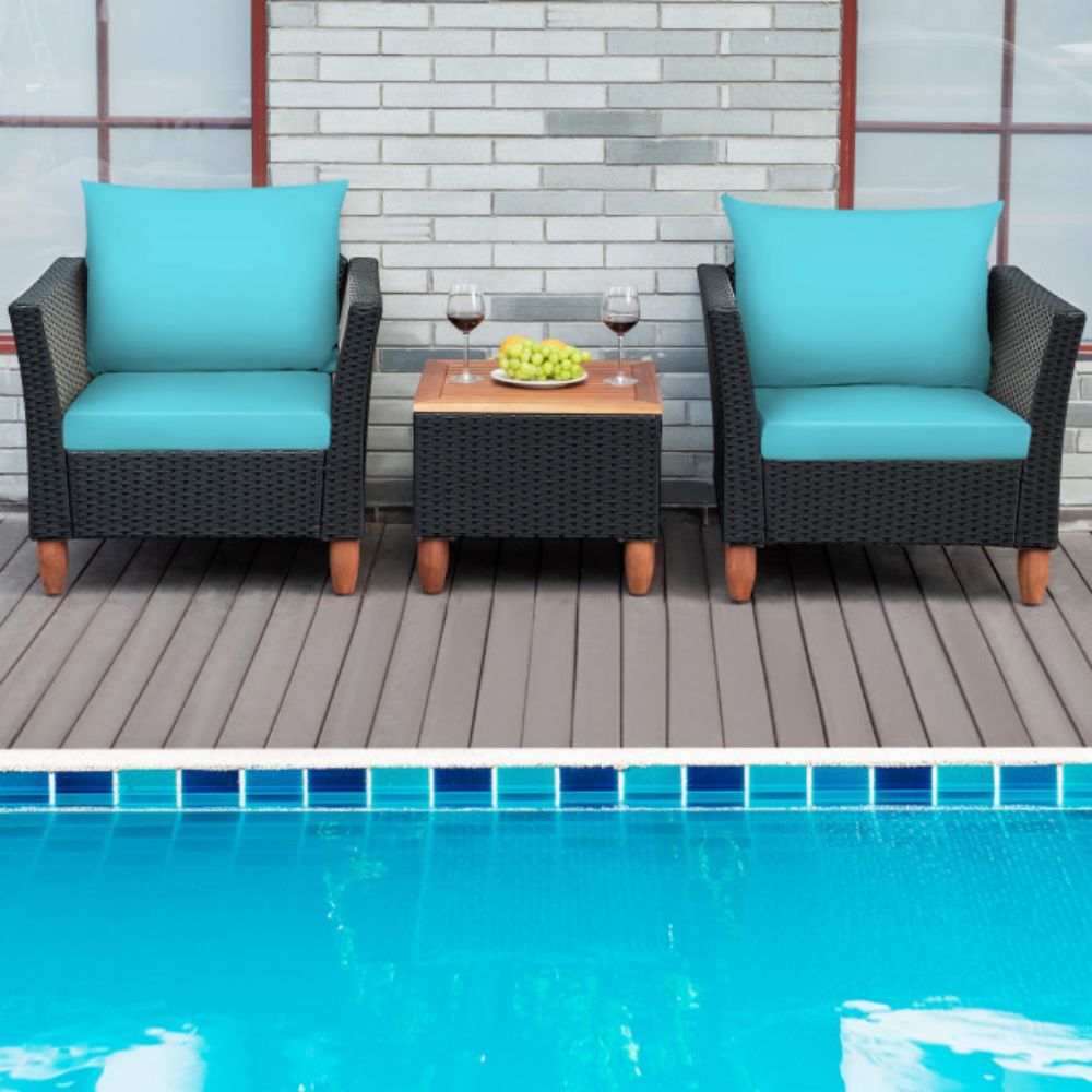 3-Pieces Rattan Outdoor Patio Conversation Set with Turquoise Cushions