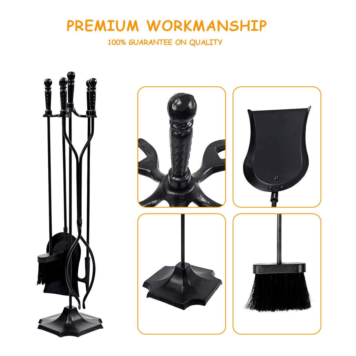 Black Metal 5-Piece Fireplace Tool Set