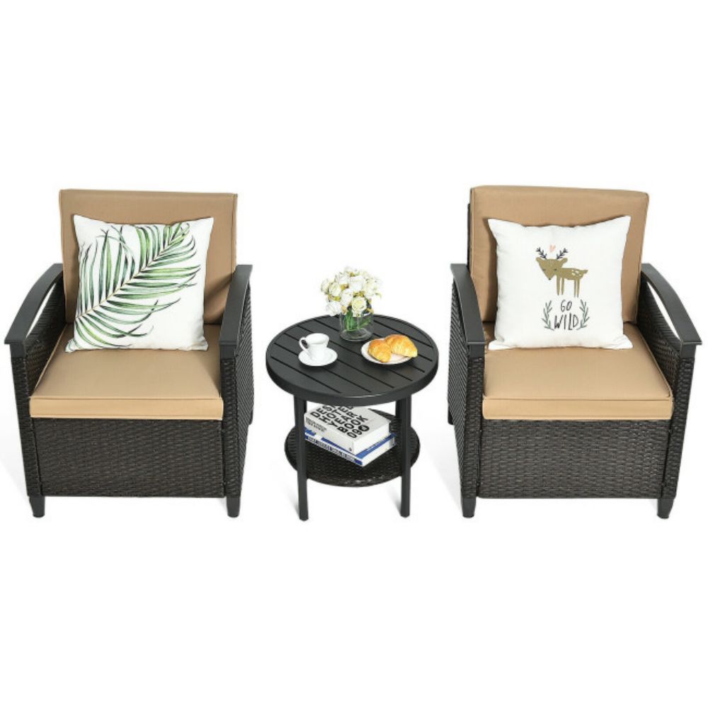 3-Pieces Outdoor Rattan steel Frame Patio Conversation Furniture Set with Brown Cushion