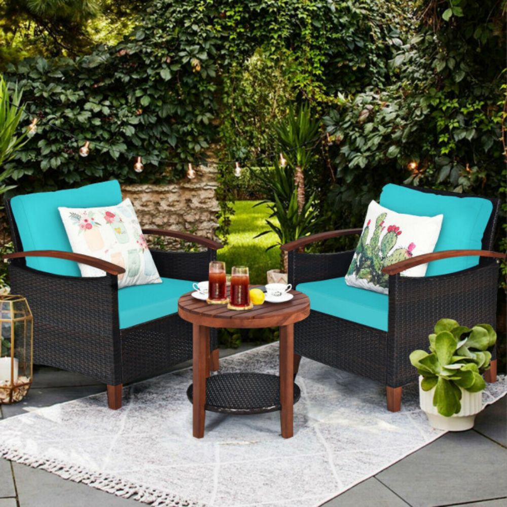 3-Pieces Outdoor Wicker Wooden Frame Patio Conversation Furniture Set with Turquoise Cushion