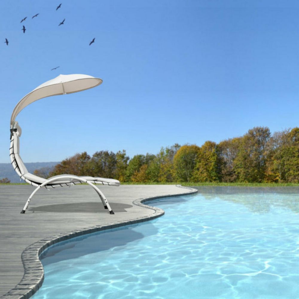 Metal Outdoor Canopy Chaise Lounge Chair with Beige Canopy and Cushion