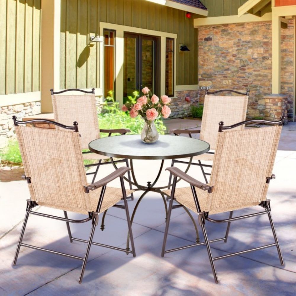 Beige Steel Folding Sling Outdoor Dining Chair (Set of 2)