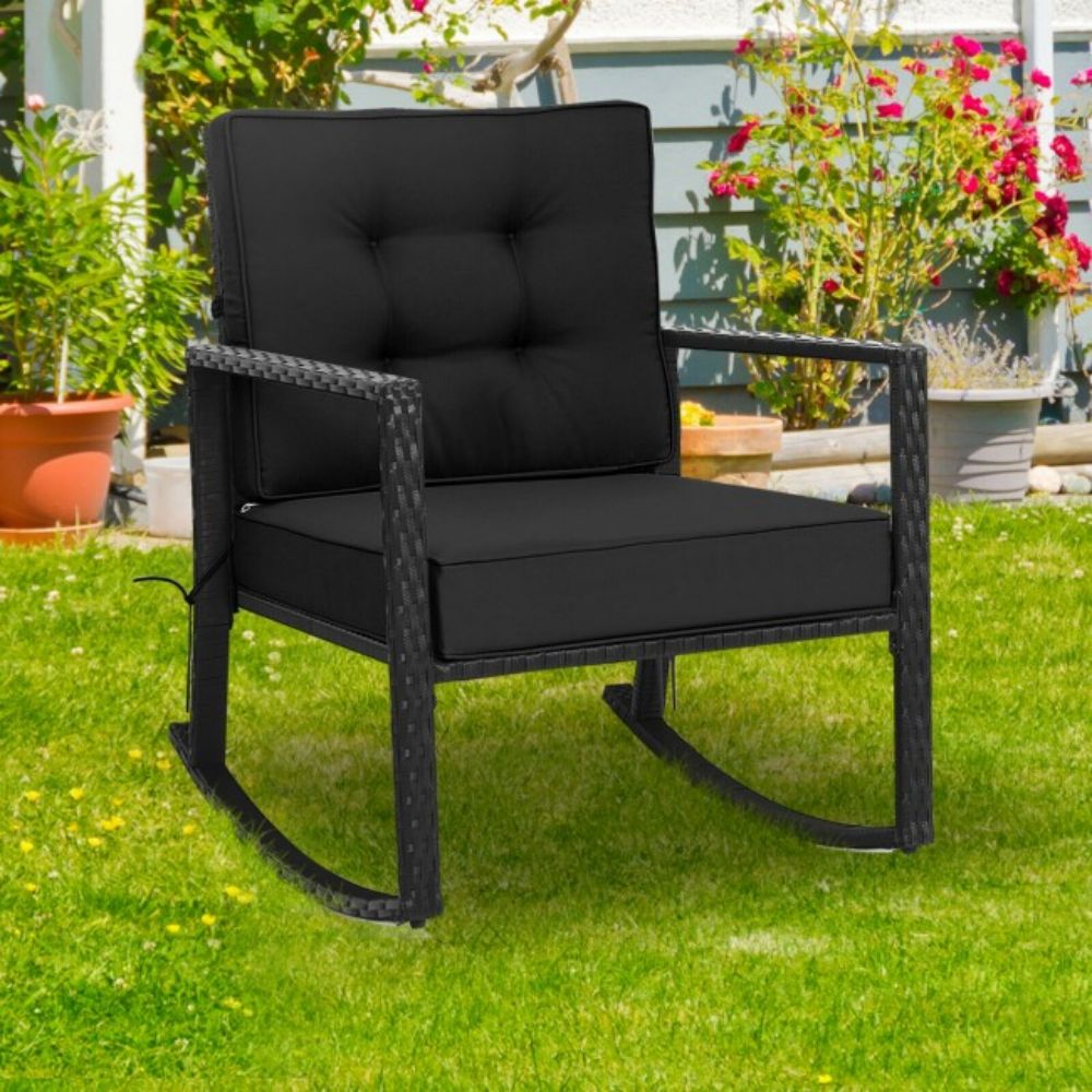 Patio Rattan Wicker Rocking Chair Outdoor Rocking Chair with Black Cushions