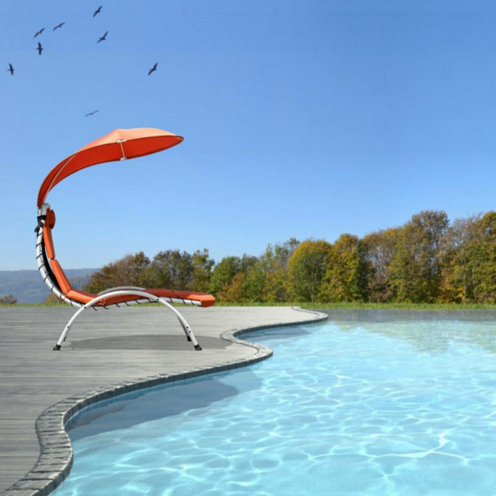 Metal Outdoor Canopy Chaise Lounge Chair with Orange Canopy and Cushion