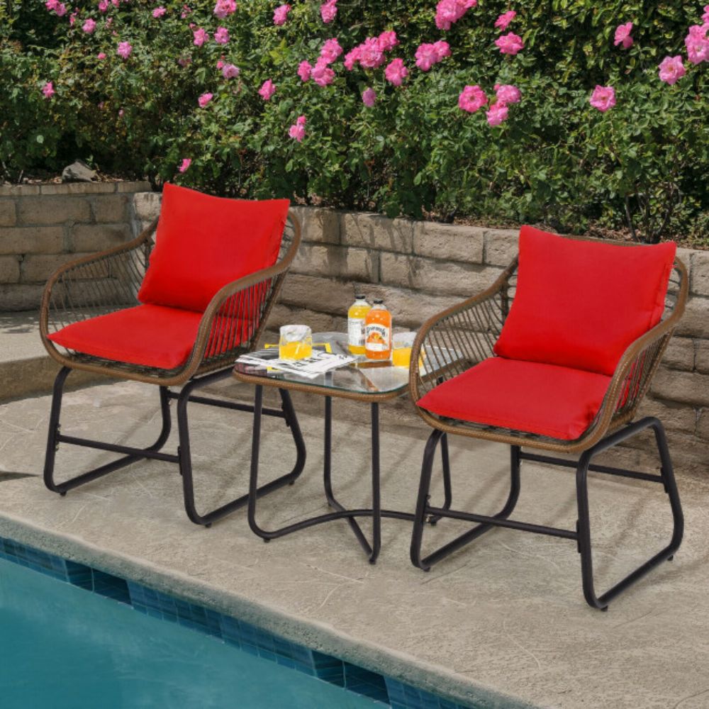 3-Piece Wicker Outdoor Bistro Bistro Set with Red Cushion and Glass Table