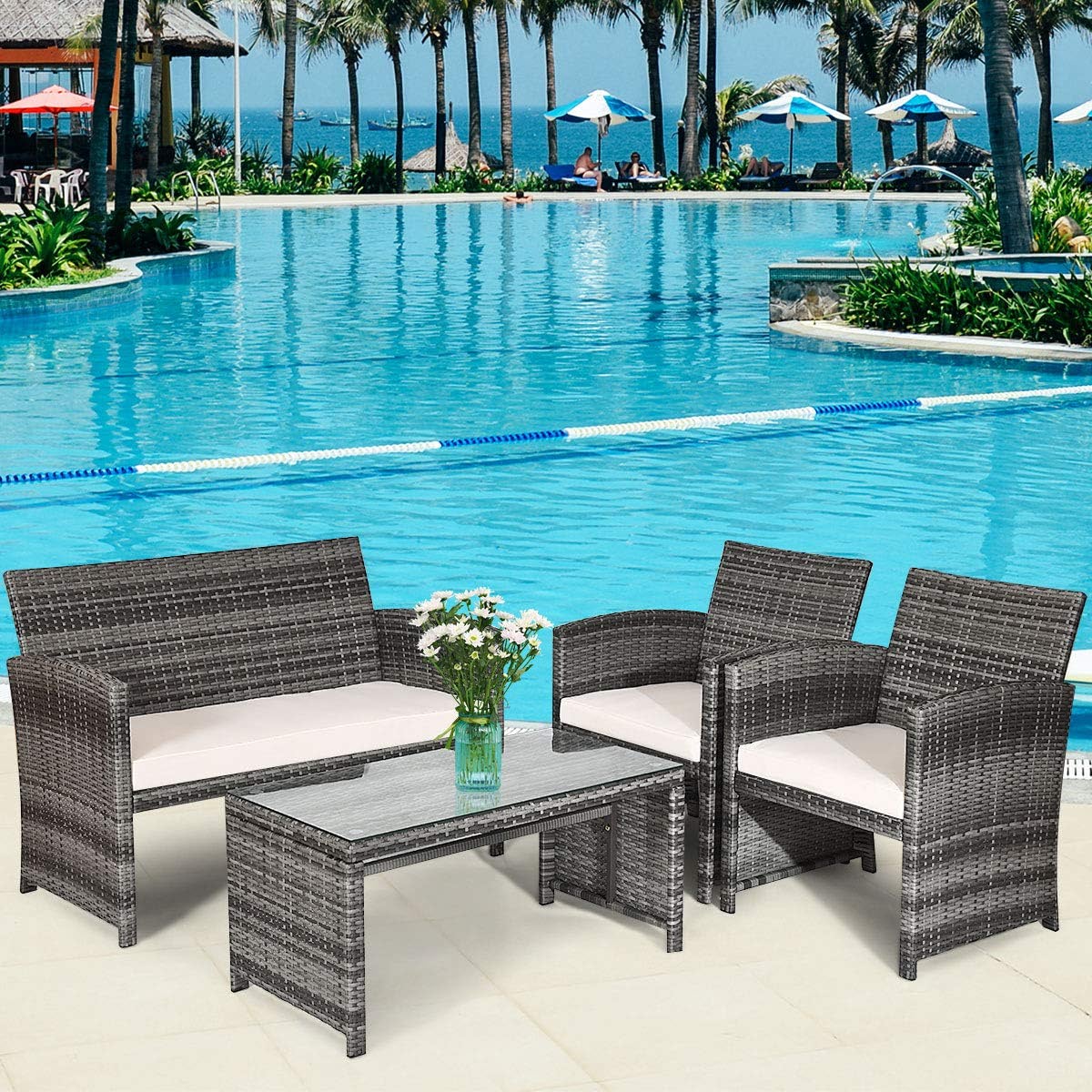4-Piece Outdoor Wicker Conversation Furniture Set with White Cushions and Tempered Glass Table