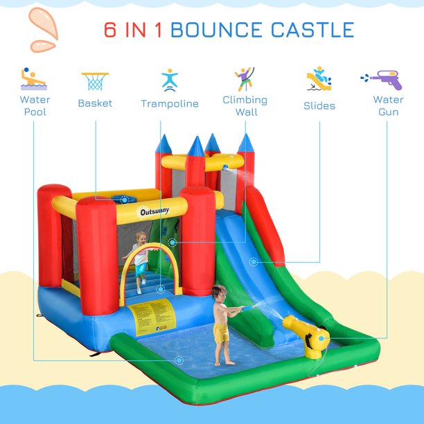 SUGIFT 6-in-1 Kids Inflatable House Jumping Castle with Slide, Water Pool, & Climbing Wall, Inflator Included