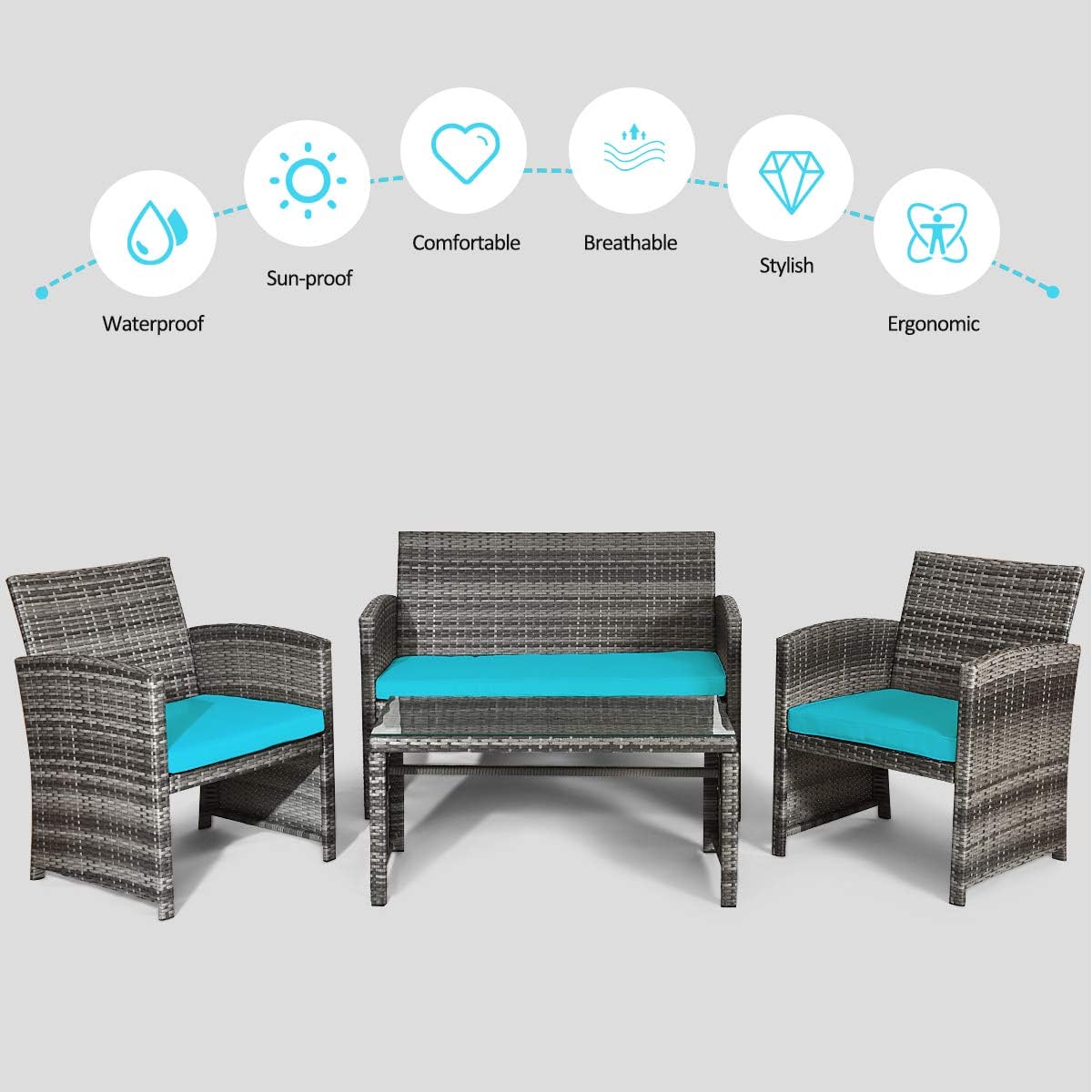 4-Piece Outdoor Wicker Conversation Furniture Set with Turquoise Cushions and Tempered Glass Table