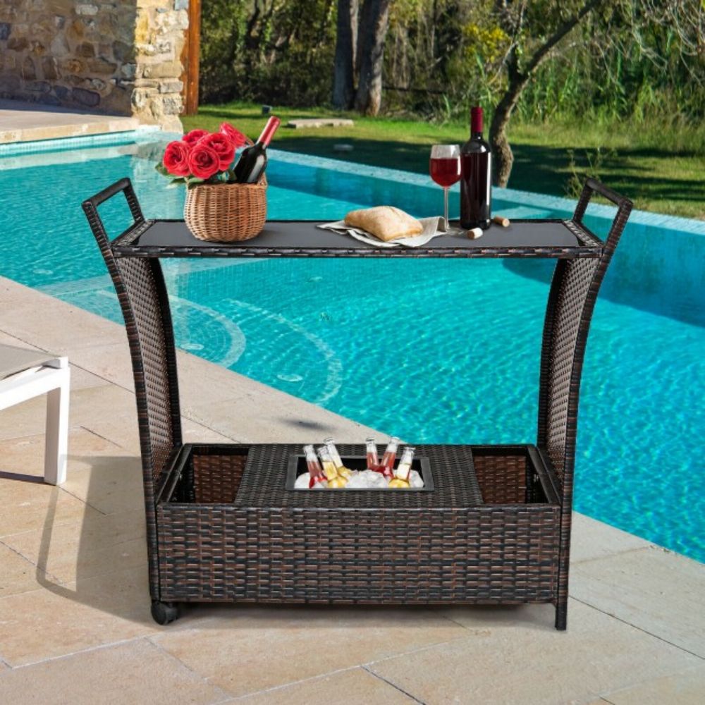 Outdoor Patio Wicker Rattan Bar Serving Cart with Glass Top and Handle