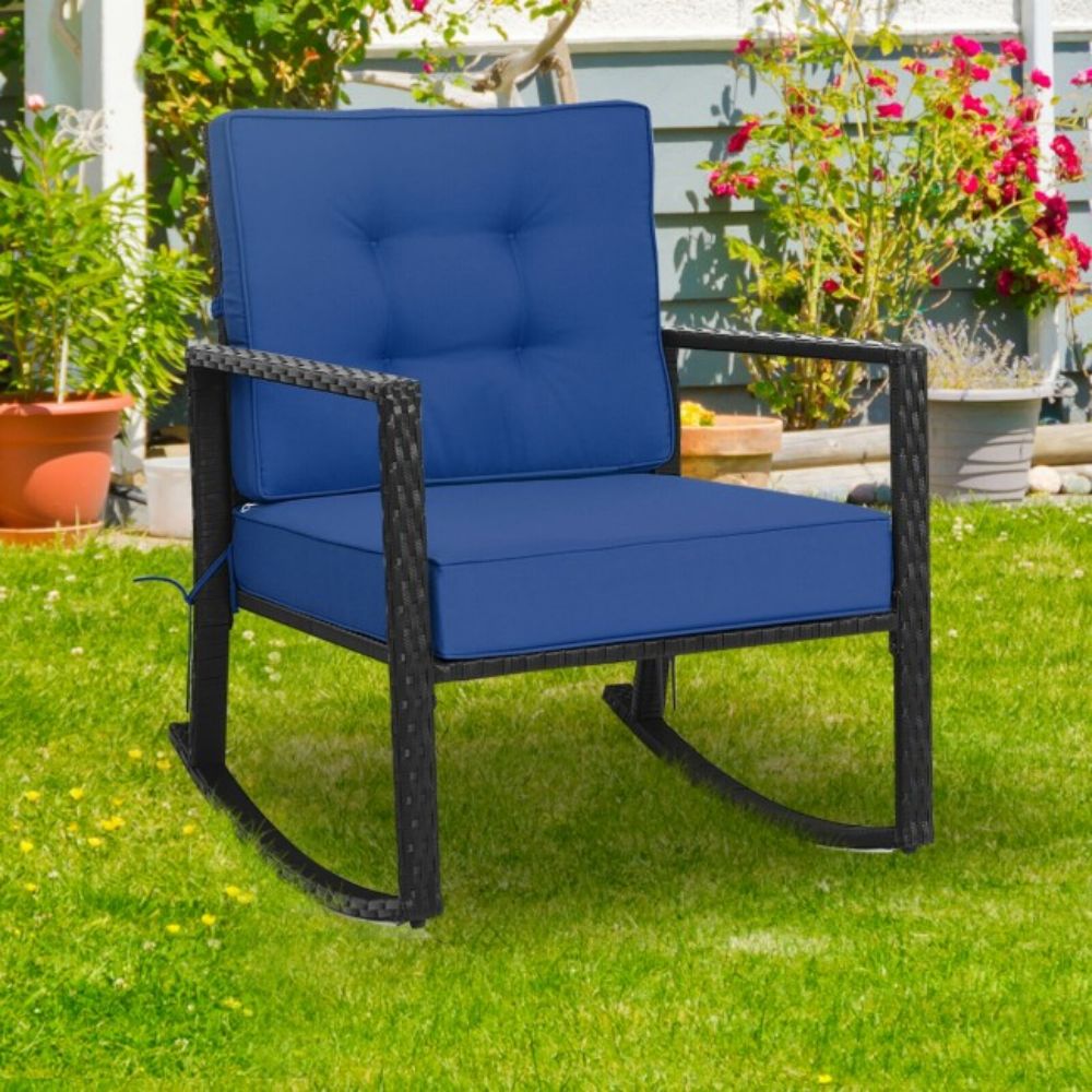 Patio Rattan Wicker Rocking Chair Outdoor Rocking Chair with Navy Cushions