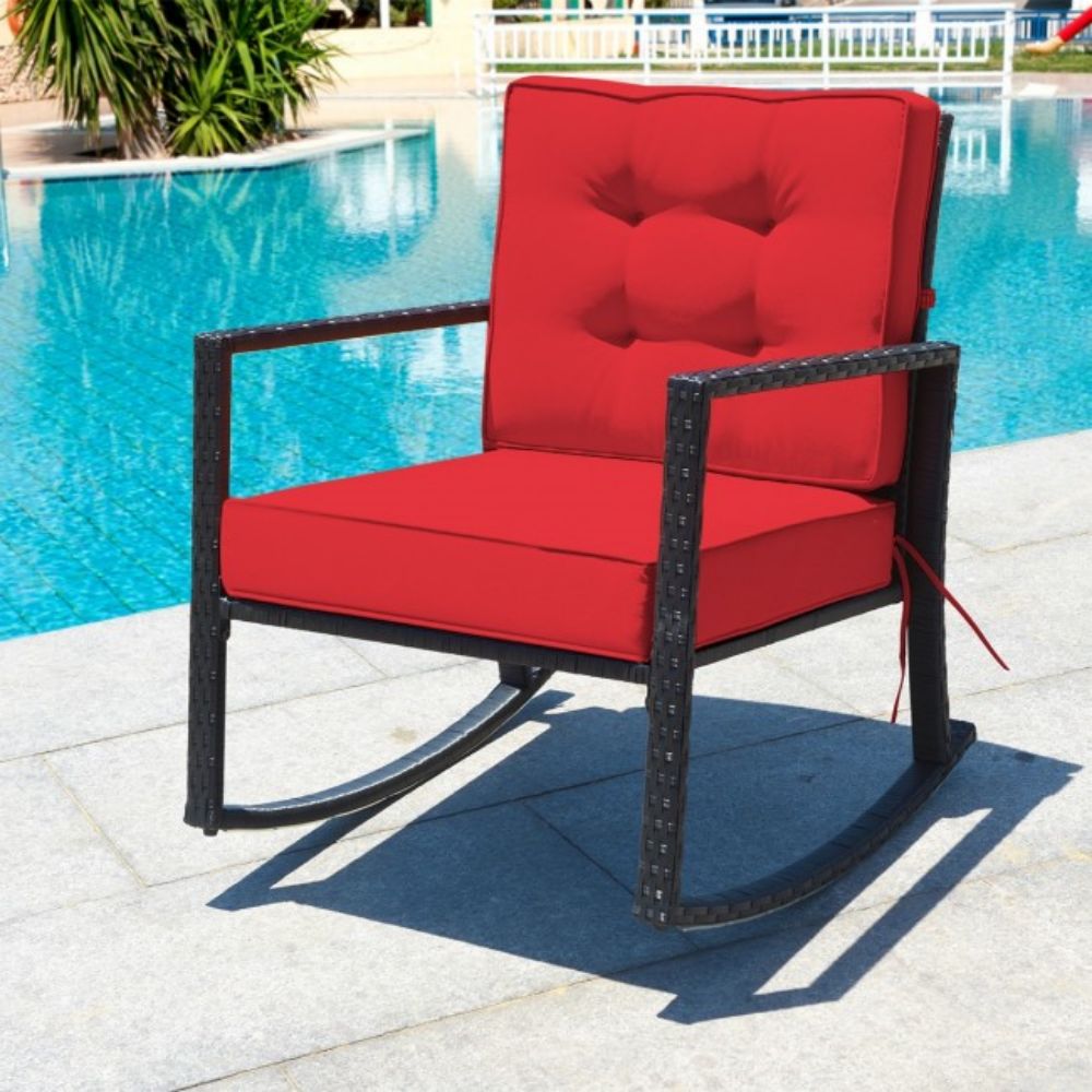 Patio Rattan Wicker Rocking Chair Outdoor Rocking Chair with Red Cushions