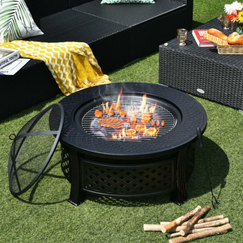 32 in. Outdoor Round Wood Burning Fire Pit with BBQ Grill and High-Temp Resistance