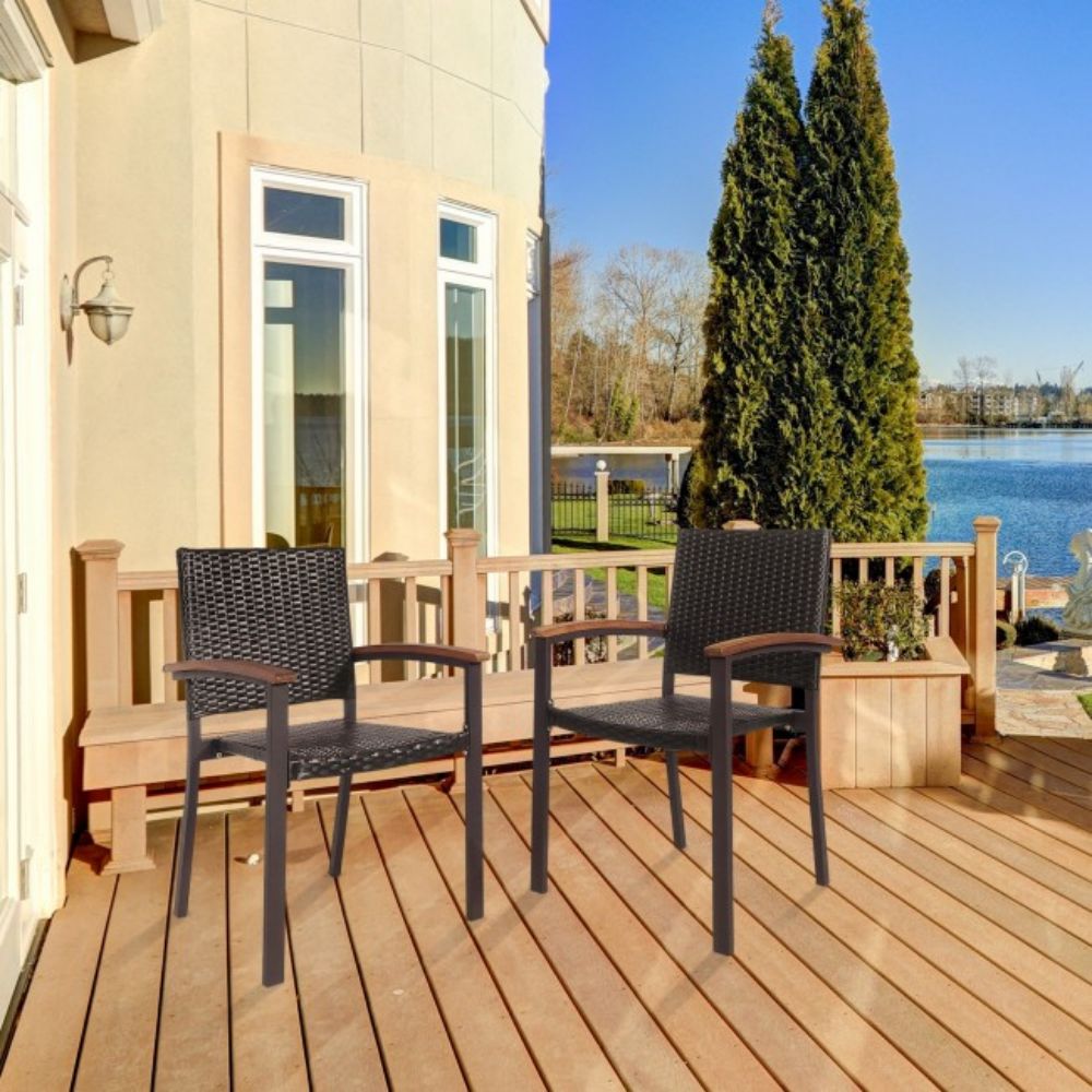 Patio Rattan Outdoor Dining Chairs with Powder-Coated Steel Frame (Set of 2)