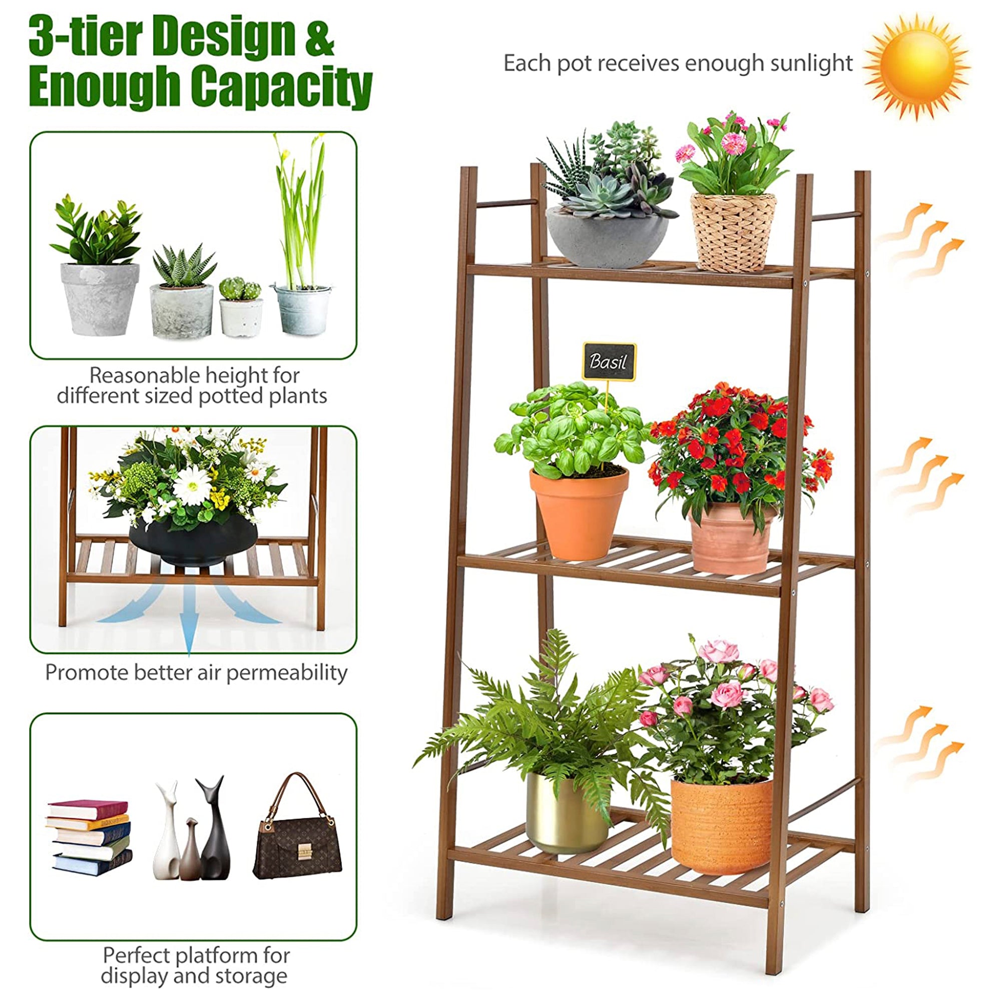 Indoor/Outdoor Brown Bamboo Wood Ladder Plant Stand Display Holder (3-Tier)