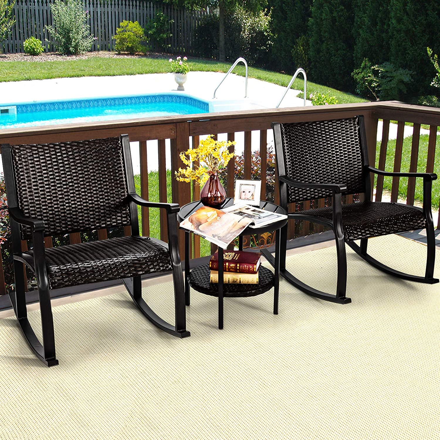 3-Piece Furniture Wicker Patio Conversation Set with Coffee Table and Rocking Chairs