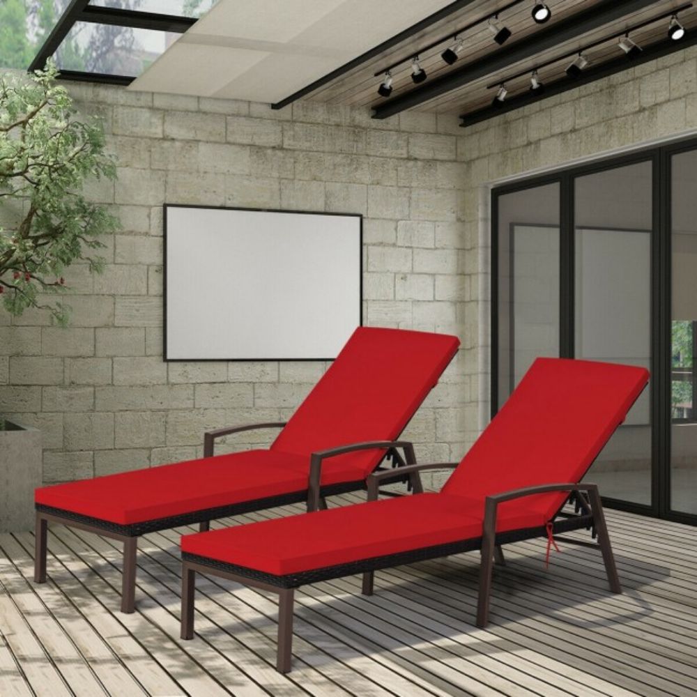 Brown Adjustable Metal Outdoor Lounge Chair in Red Cushion (Set of 2-Packs)