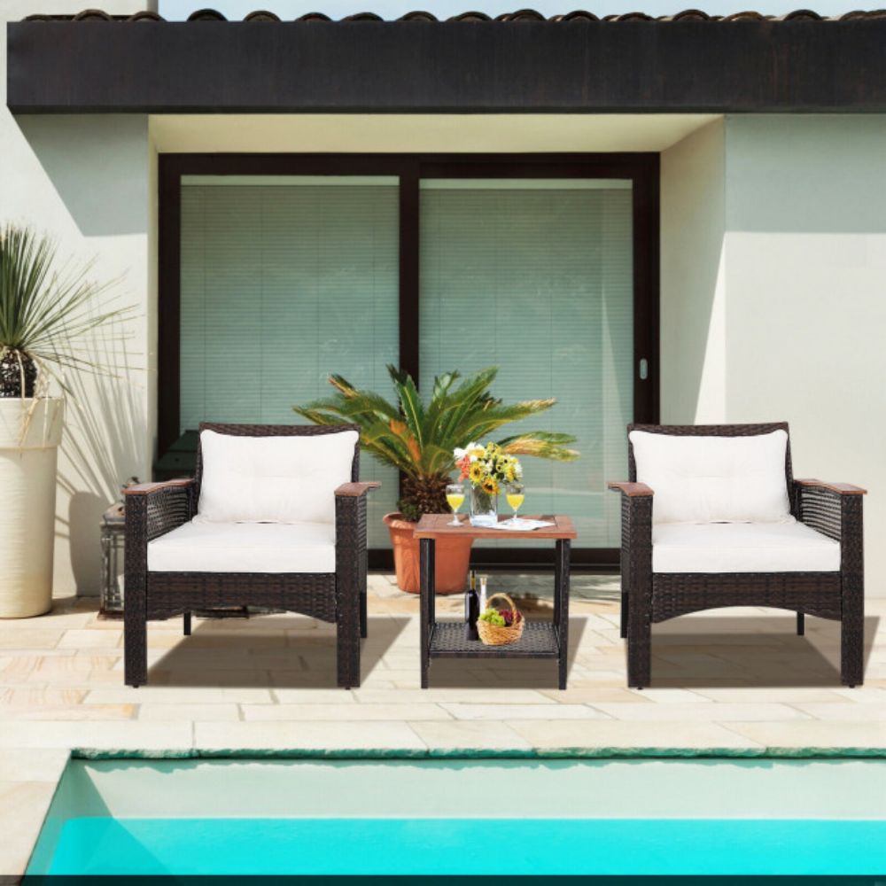 3-Pieces Rattan Outdoor Patio Conversation Set with White Cushions