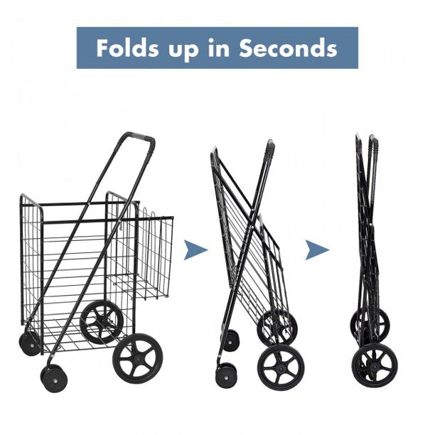 SUGIFT Folding Shopping Cart with Swiveling Wheels and Dual Storage Baskets