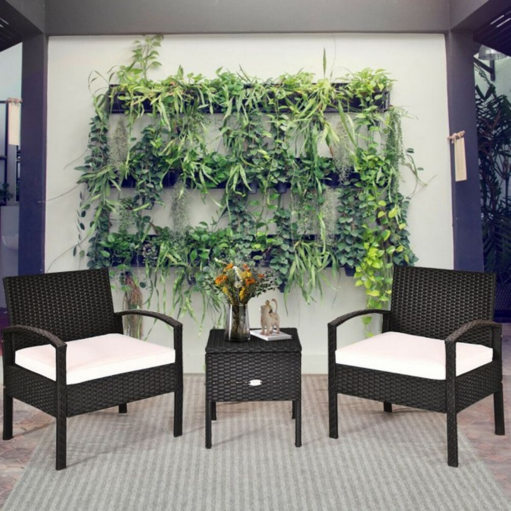 3-Piece Wicker Patio Conversation Set with White Cushions