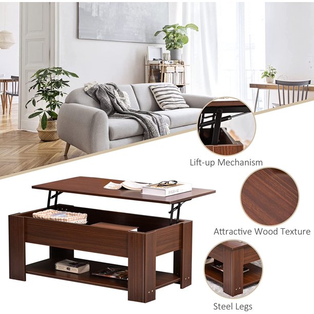 Lift Top Coffee Table with Hidden Storage Compartment and Open Shelf, Pop Up Coffee Table for Living Room, Brown