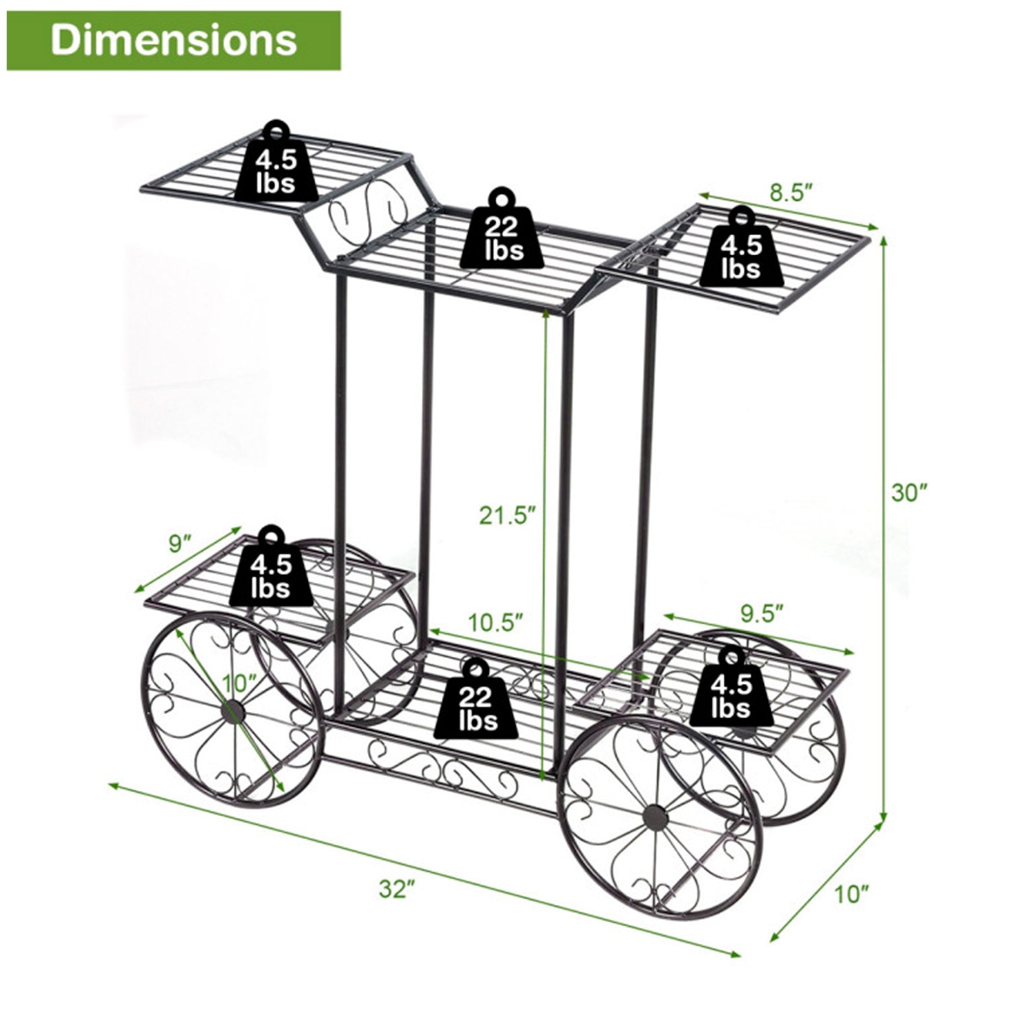 Black Metal Indoor/Outdoor Garden Cart Stand Flower Rack Display Decor Pot Plant Holder (6-Tier)