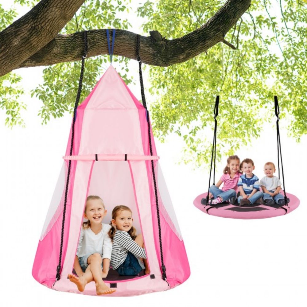 Outdoor 2-in-1 Kids Pink Hanging Chair Detachable Sling Patio Swing Tent