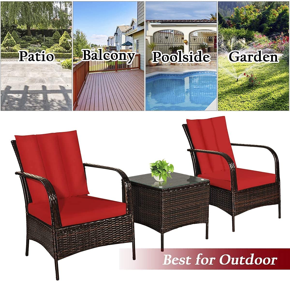 3-Pieces Outdoor Wicker Patio Conversation Furniture Set with Red Cushion