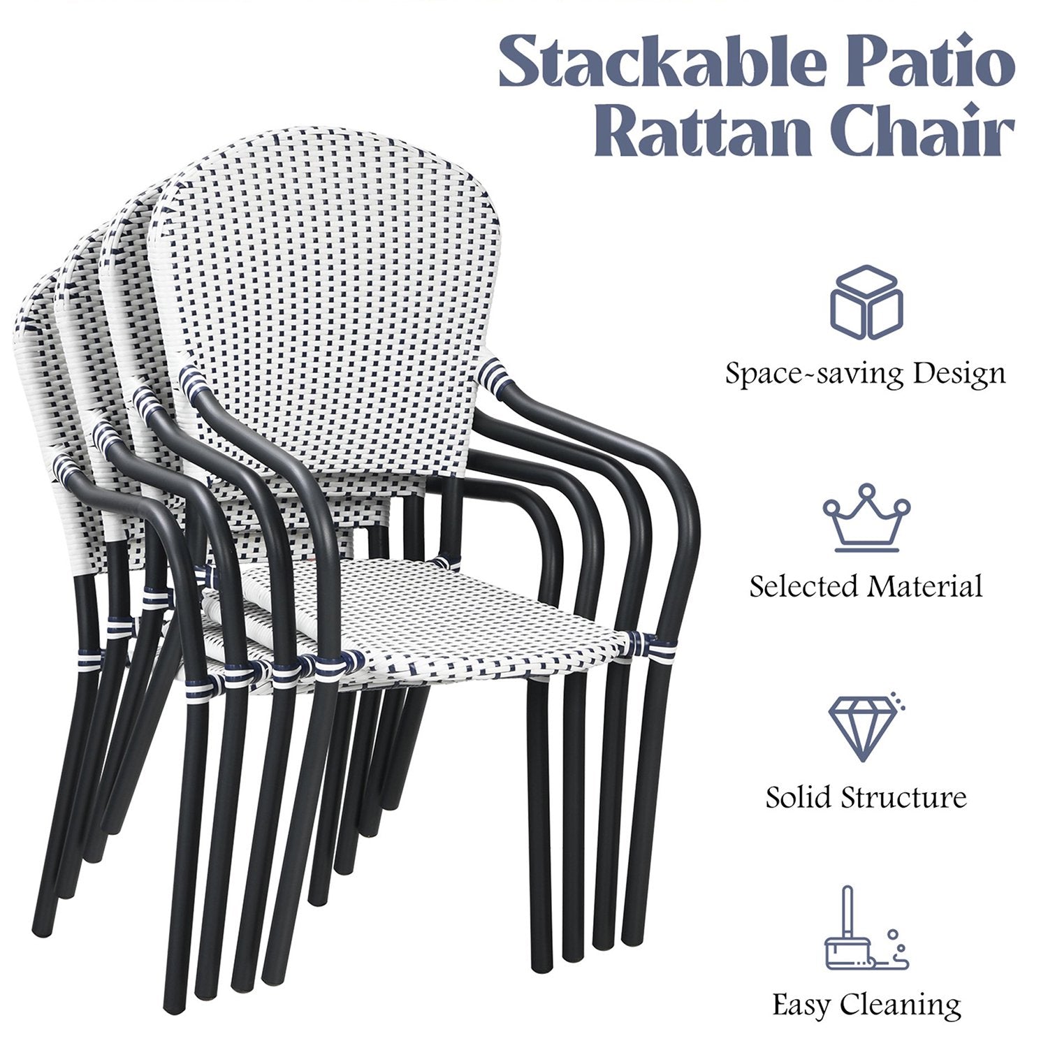 SUGIFT Patio Wicker Rattan Dining Chairs Set of 4 White Blue