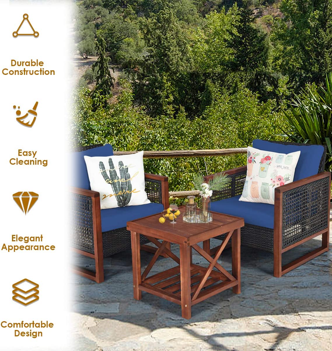 3-Pieces Outdoor Wicker Wooden Frame Patio Conversation Furniture Set with Navy Cushion