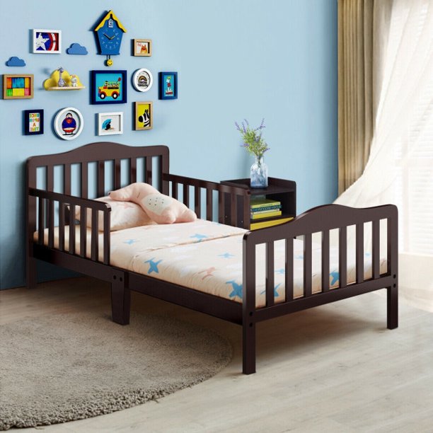 SUGIFT Wooden Toddler Bed, Classic Design Wood Bed Frame, Two Side Safety Guardrails & Wooden Slat Support for Kids Boys & Girls,Brown