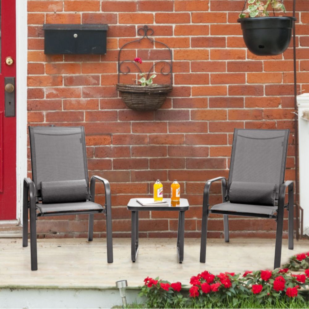 Gray 3-Pieces Metal Stackable Outdoor Patio Bistro Conversation Set with Adjustable Backrest