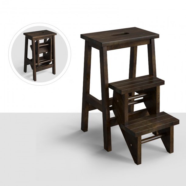 3-in-1 Rubber Wood Step Stool with Convenient Handle Brown